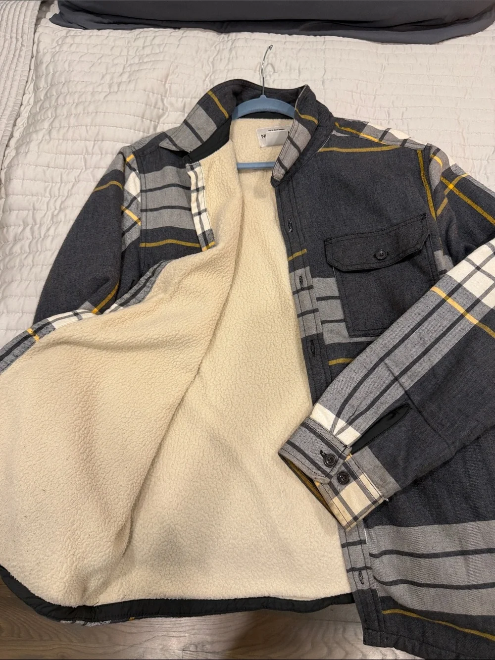 The North Face Men's Gray Plaid Sherpa Shirt Jacket with Yellow Accents